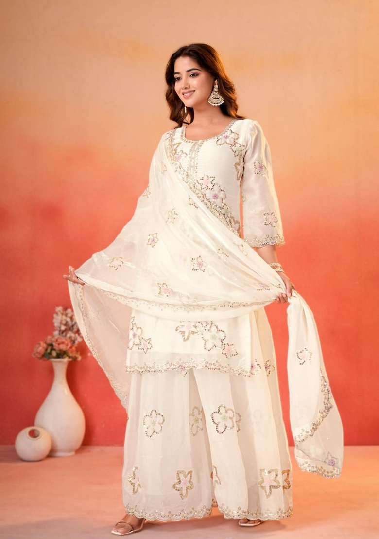 White Embroidery Silk Palazzo Set - Indya
