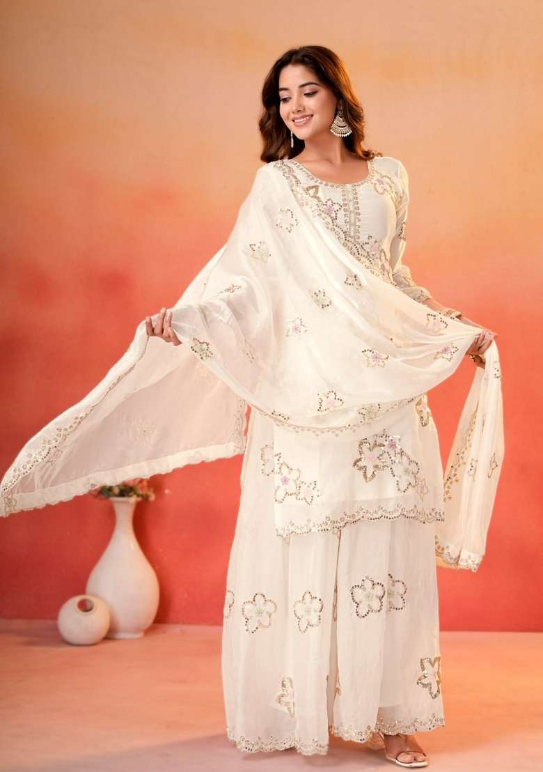 White Embroidery Silk Palazzo Set - Indya