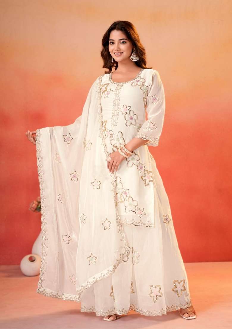 White Embroidery Silk Palazzo Set - Indya