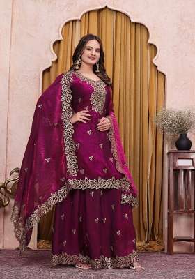 Wine Embroidery Silk Palazzo Set