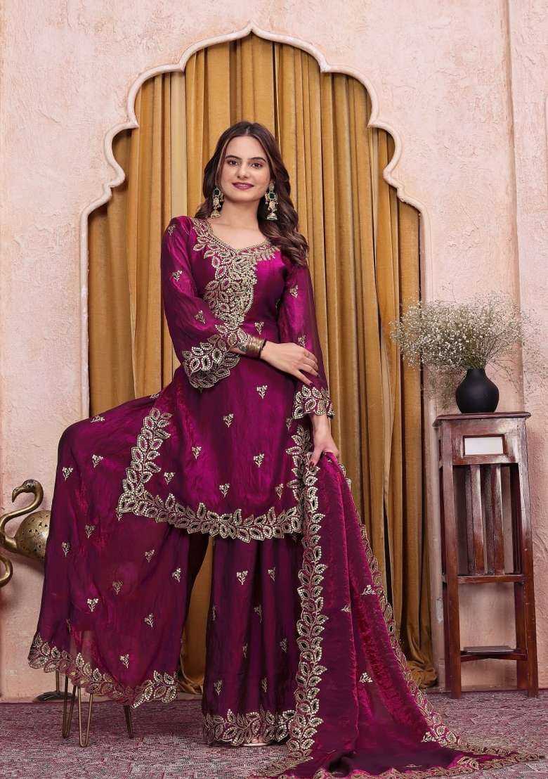 Wine Embroidery Silk Palazzo Set - Indya