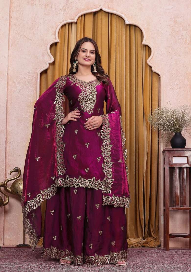 Wine Embroidery Silk Palazzo Set - Indya