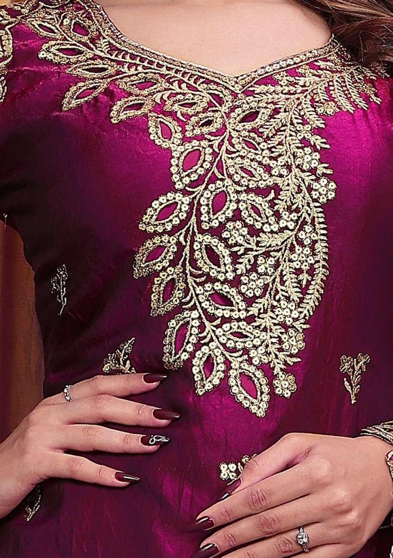 Wine Embroidery Silk Palazzo Set - Indya