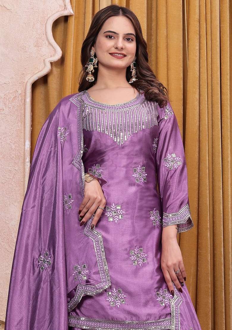 Lavender Embroidery Chinon Palazzo Set - Indya
