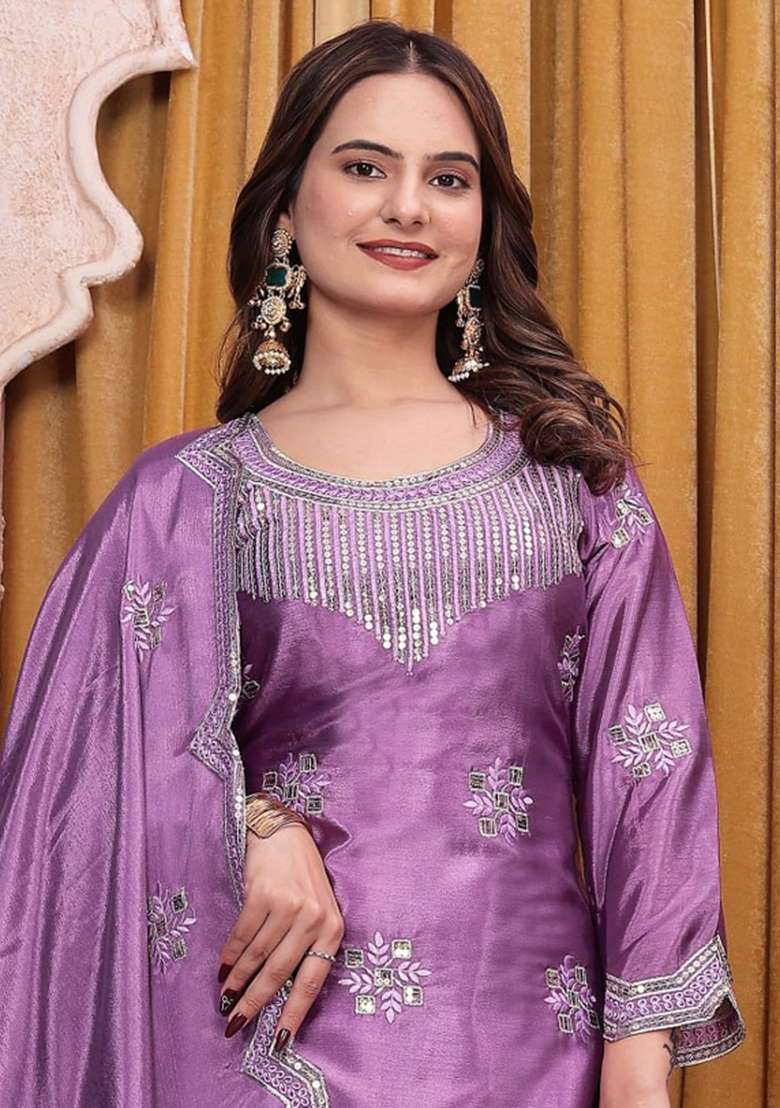 Lavender Embroidery Chinon Palazzo Set - Indya
