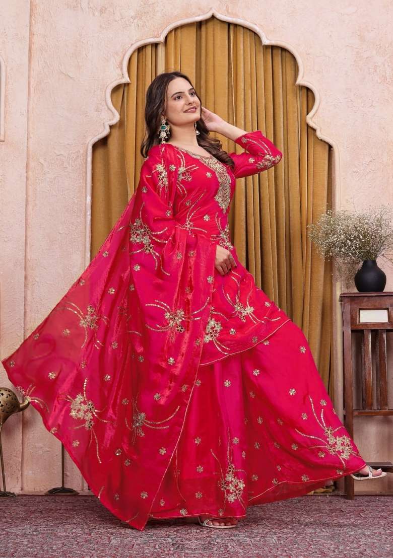 Pink Embroidery Silk Palazzo Set - Indya