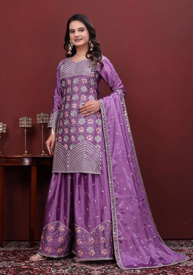 Lavender Embroidery Chinon Palazzo Set - Indya