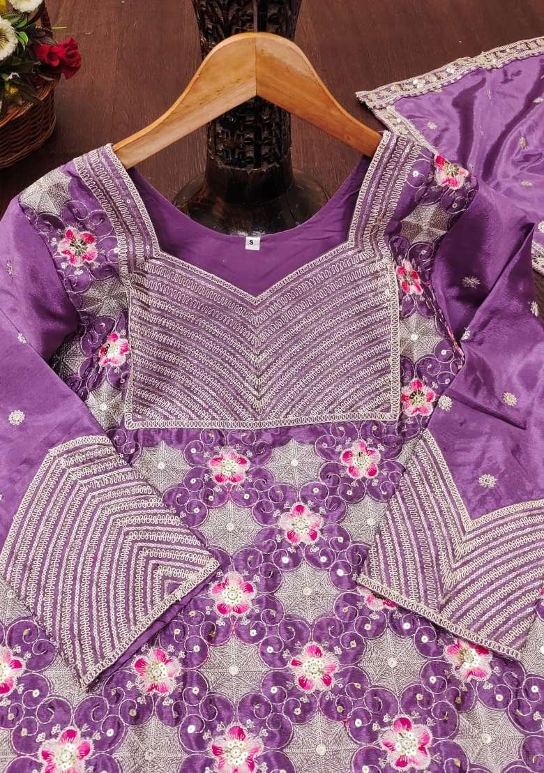 Lavender Embroidery Chinon Palazzo Set - Indya