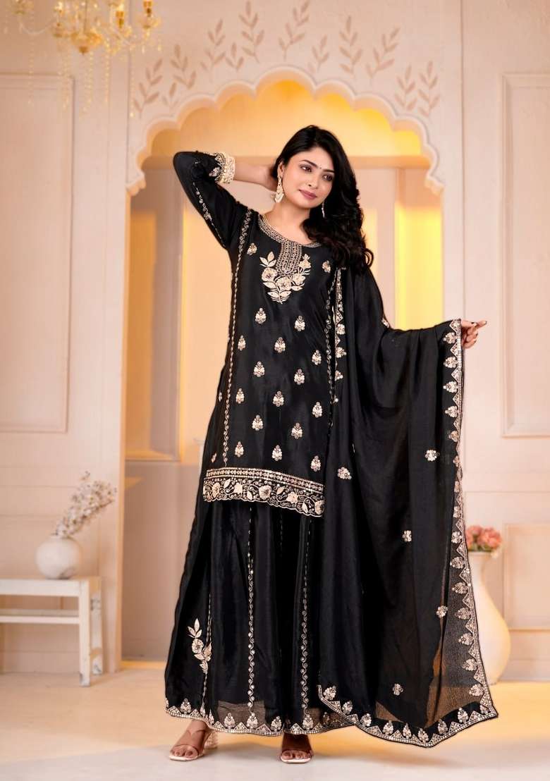 Black Embroidery Chinon Palazzo Set - Indya