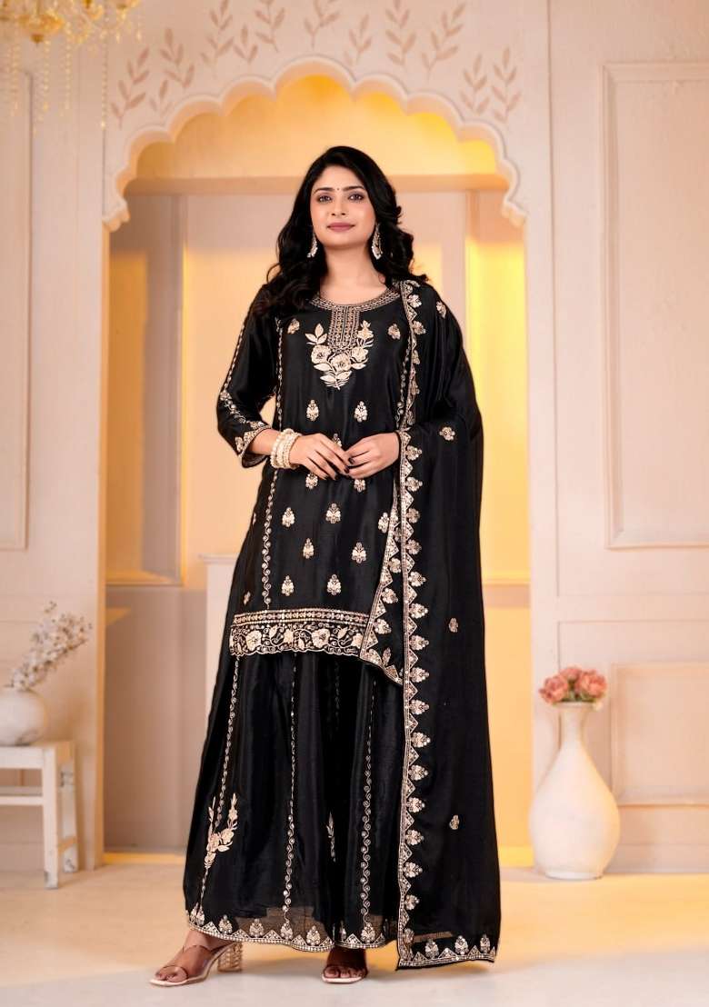 Black Embroidery Chinon Palazzo Set - Indya