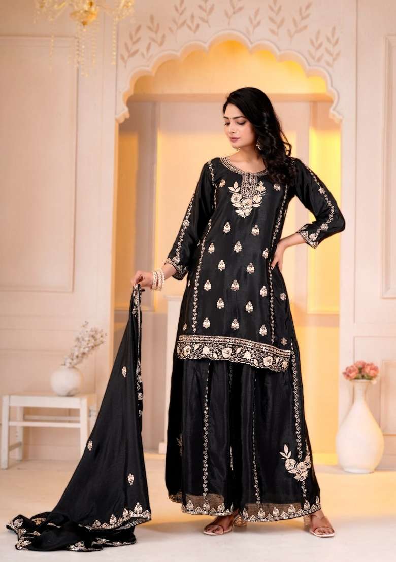 Black Embroidery Chinon Palazzo Set - Indya