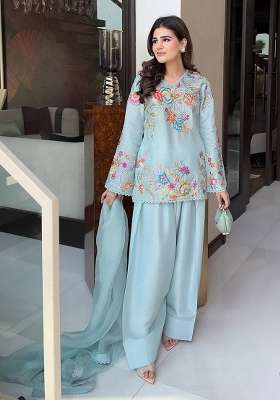 Sky Blue Embroidery Silk Palazzo Set