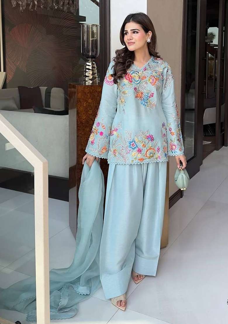 Sky Blue Embroidery Silk Palazzo Set - Indya
