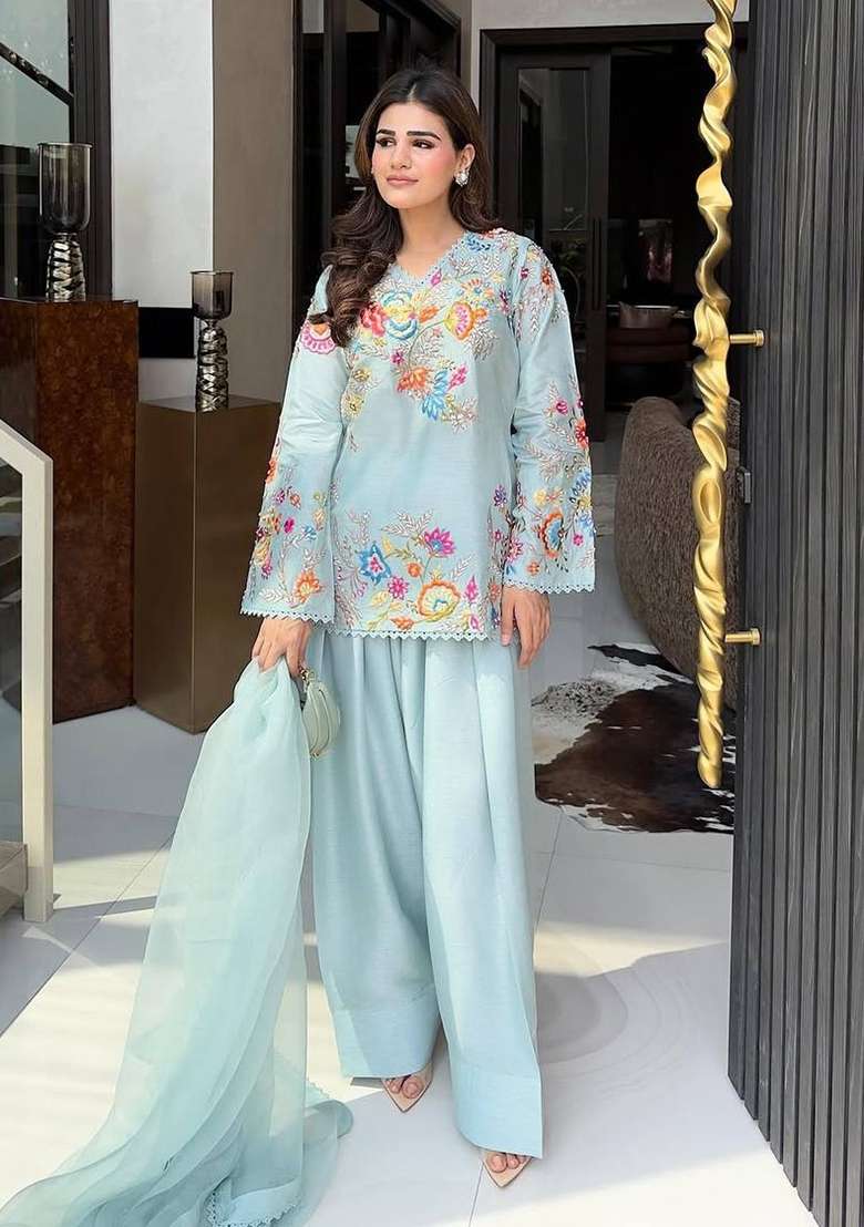Sky Blue Embroidery Silk Palazzo Set - Indya