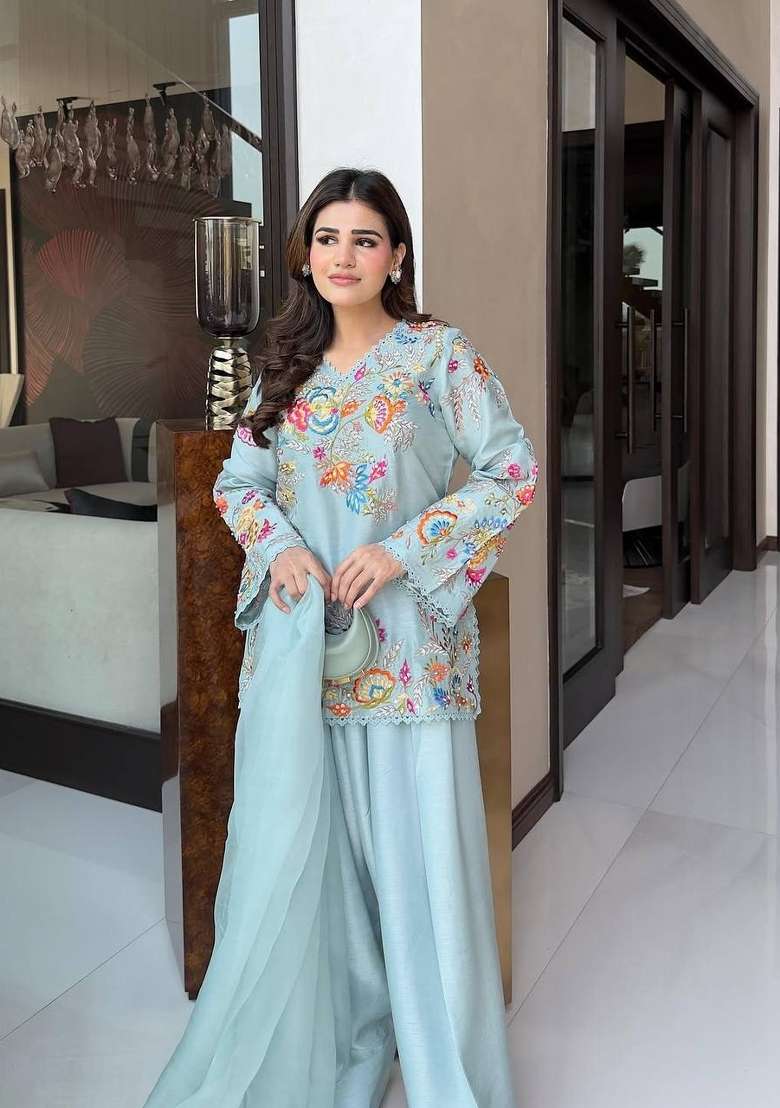 Sky Blue Embroidery Silk Palazzo Set - Indya