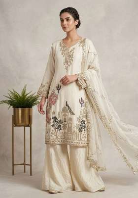 Off White Embroidery Fandi Palazzo Set