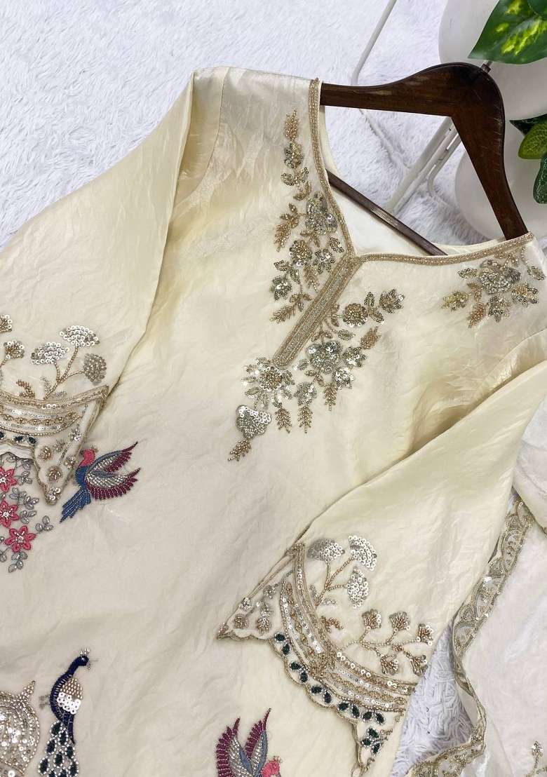 Off White Embroidery Fandi Palazzo Set - Indya