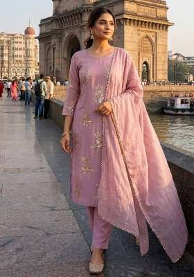 Pink Embroidery Chinon Kurta Set