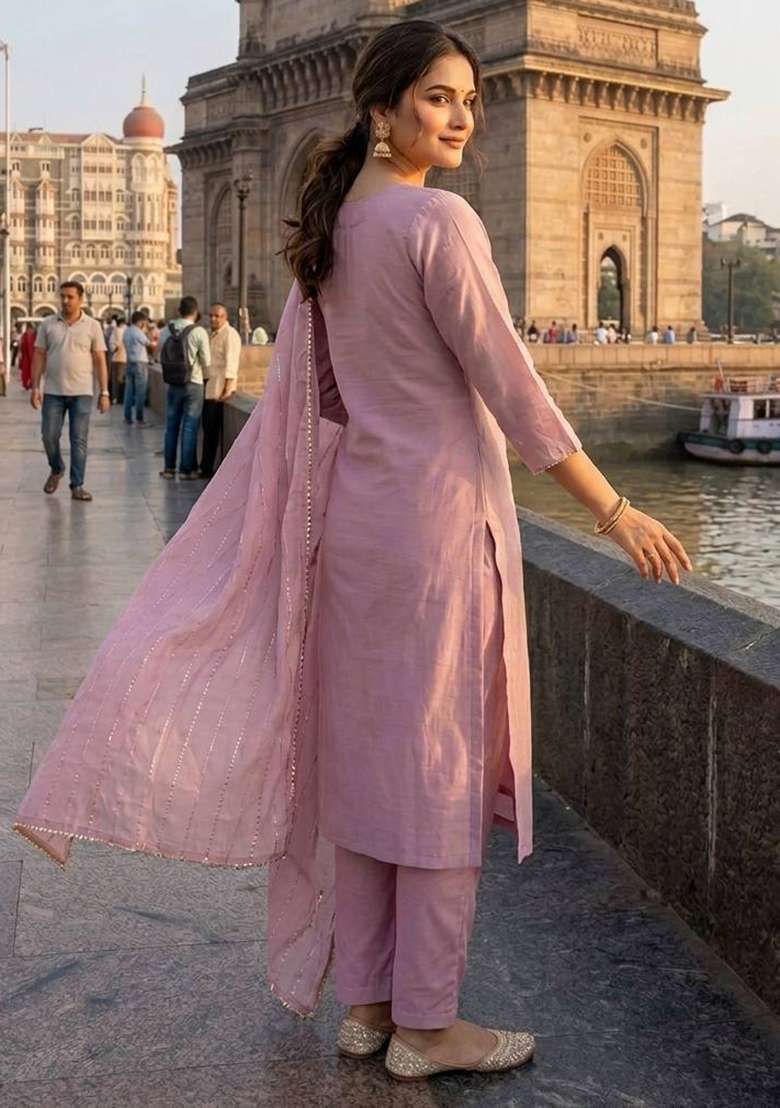 Pink Embroidery Chinon Kurta Set - Indya