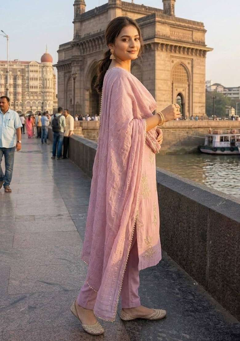 Pink Embroidery Chinon Kurta Set - Indya