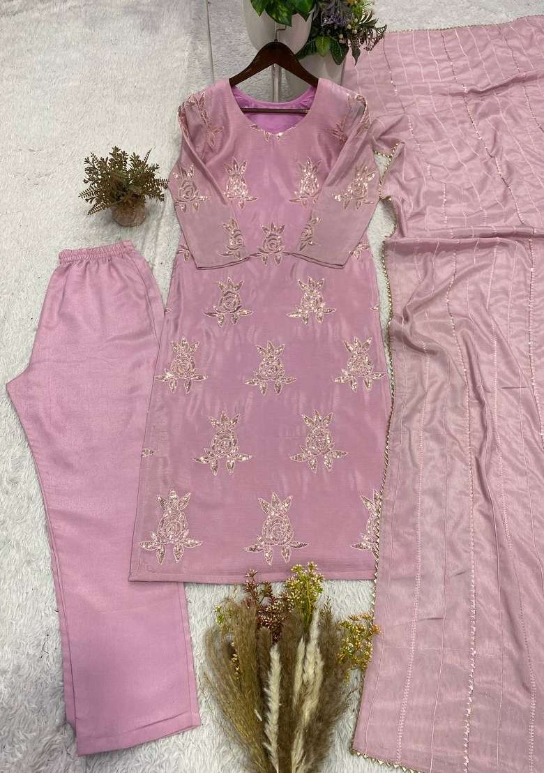Pink Embroidery Chinon Kurta Set - Indya
