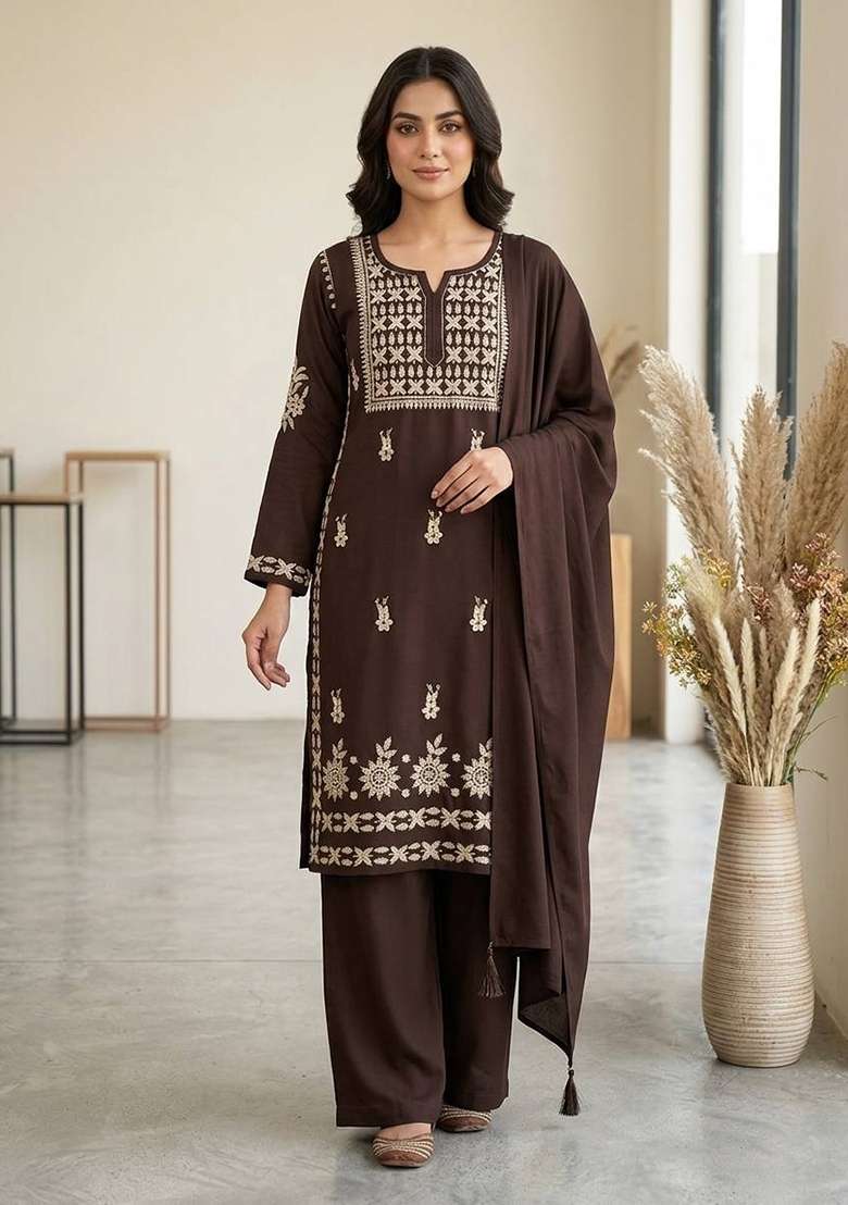 Brown Embroidery Rayon Kurta Set - Indya