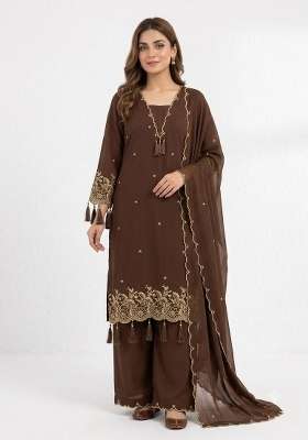 Brown Embroidery Rayon Kurta Set