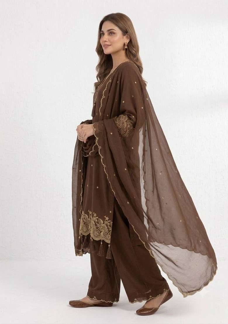 Brown Embroidery Rayon Kurta Set - Indya