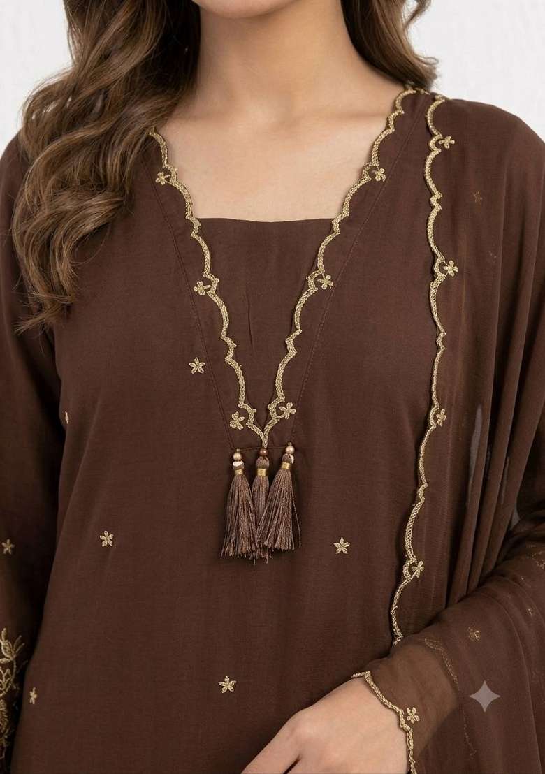 Brown Embroidery Rayon Kurta Set - Indya