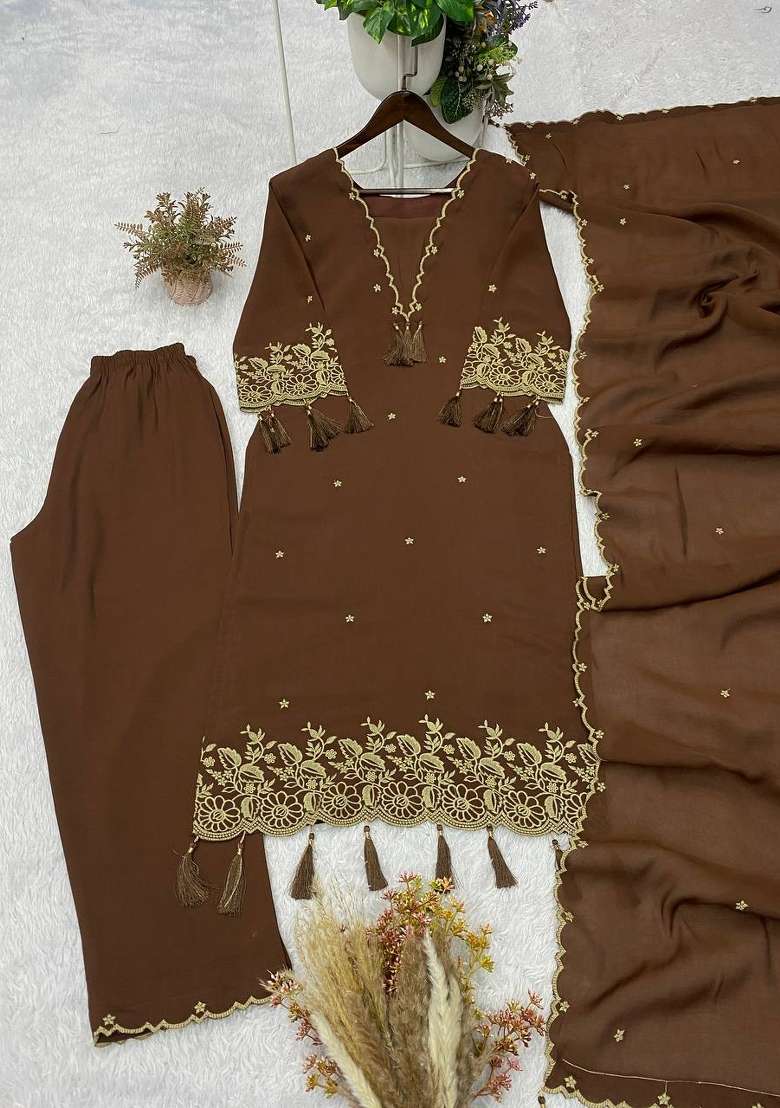 Brown Embroidery Rayon Kurta Set - Indya