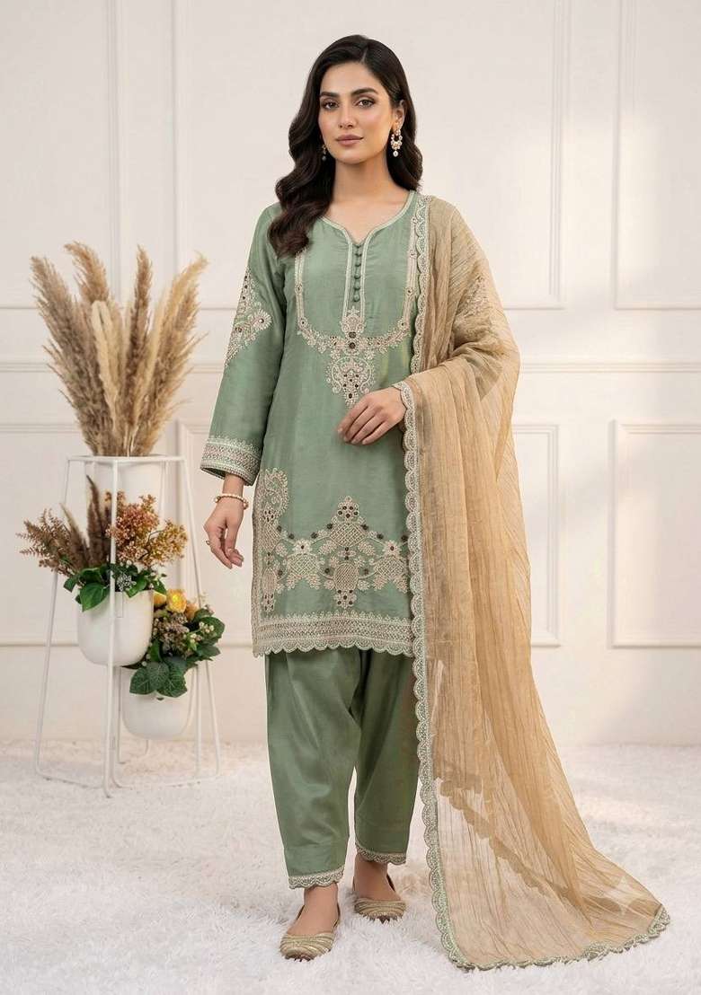 Pista Embroidery Satin Kurta Set - Indya