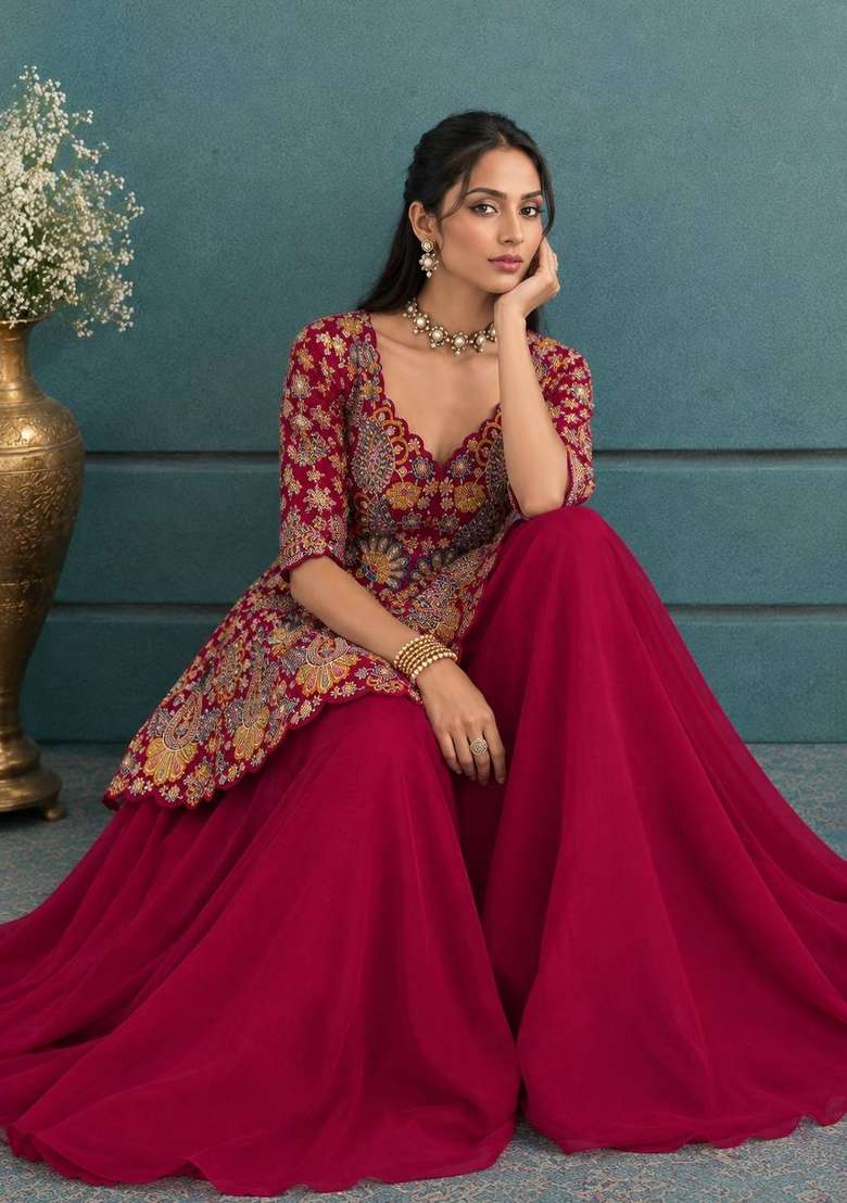 Pink Embroidery Georgette Palazzo Set - Indya