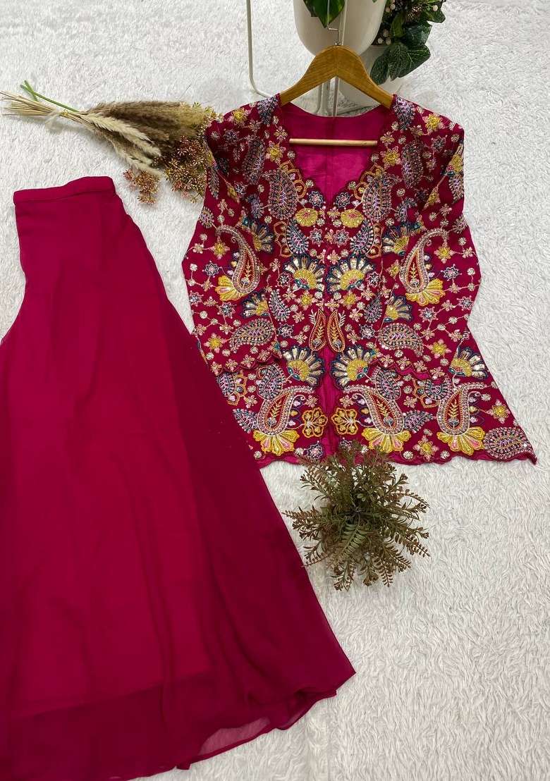 Pink Embroidery Georgette Palazzo Set - Indya
