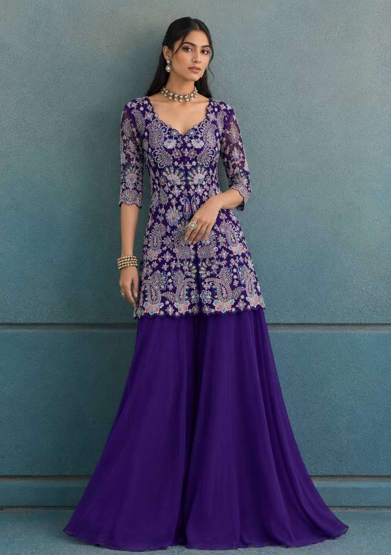 Blue Embroidery Georgette Palazzo Set - Indya