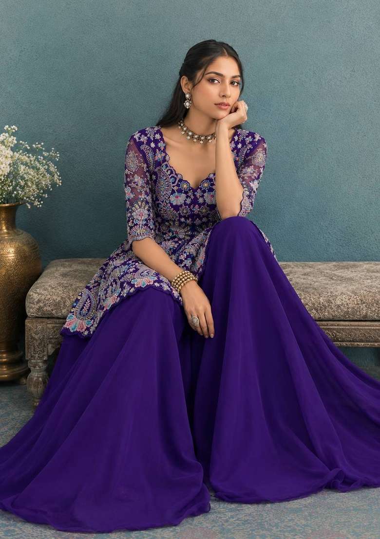 Blue Embroidery Georgette Palazzo Set - Indya