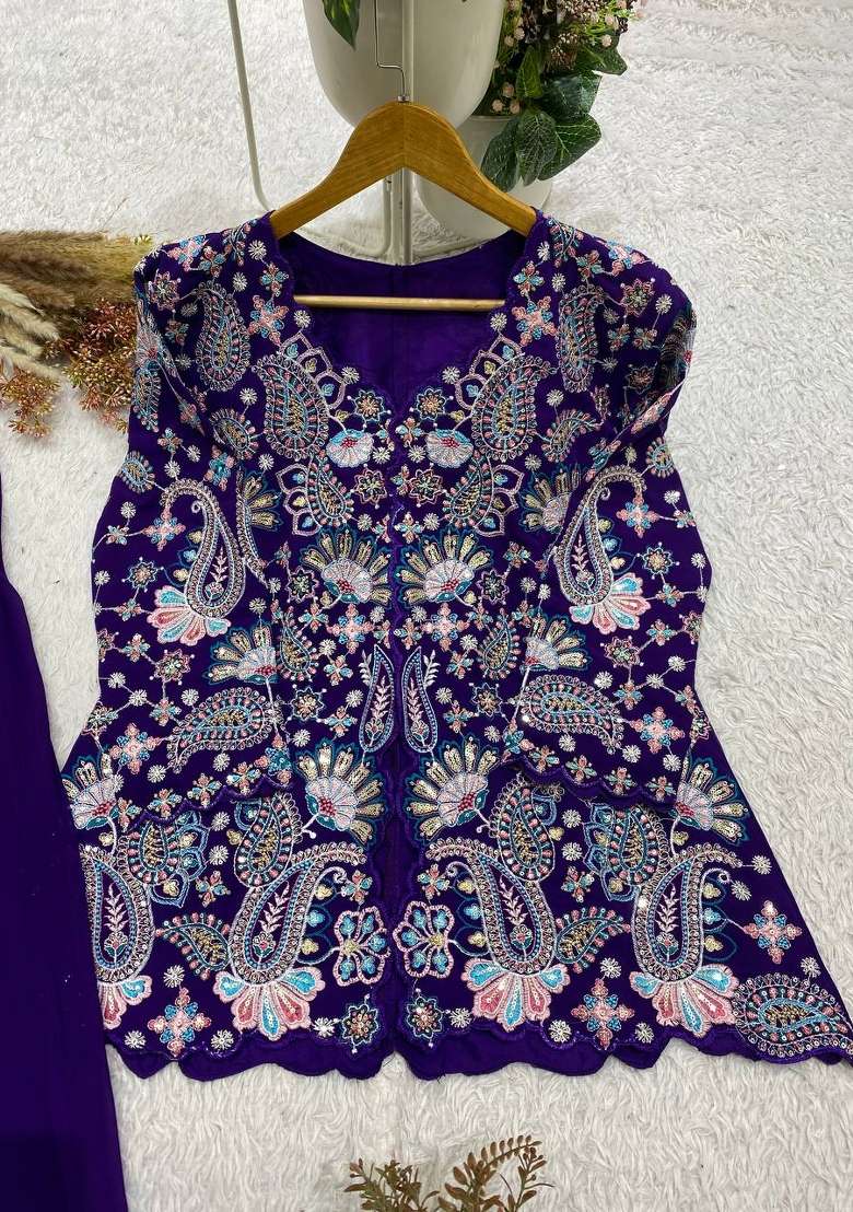 Blue Embroidery Georgette Palazzo Set - Indya