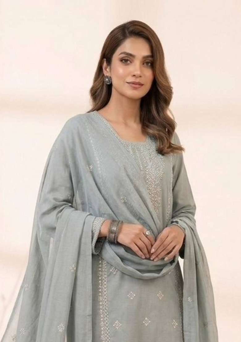 Grey Embroidery Roman Glass Kurta Set - Indya