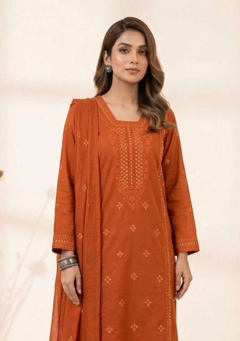 Orange Embroidery Roman Glass Kurta Set - Indya