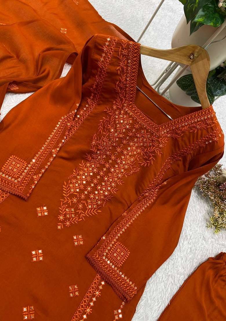 Orange Embroidery Roman Glass Kurta Set - Indya