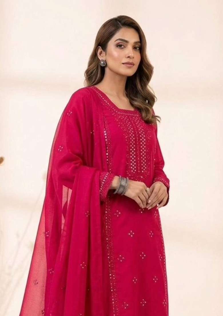 Pink Embroidery Roman Glass Kurta Set - Indya