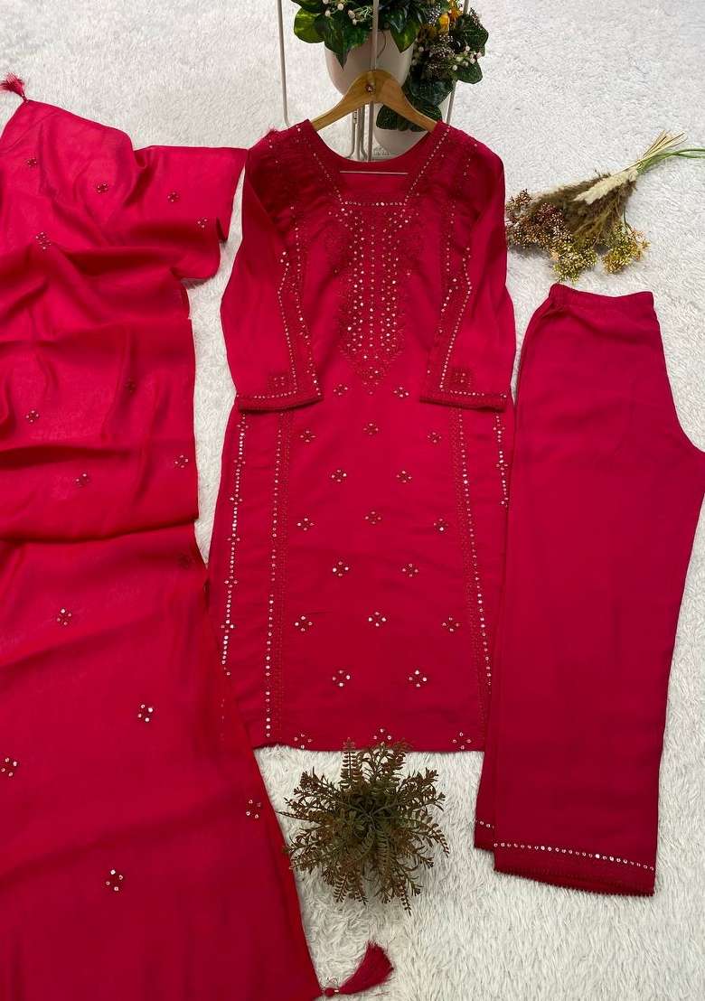 Pink Embroidery Roman Glass Kurta Set - Indya