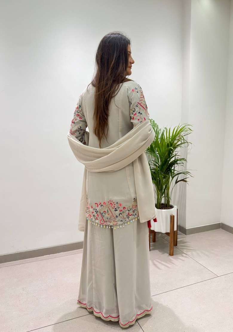 Grey Embroidery Georgette Palazzo Set - Indya
