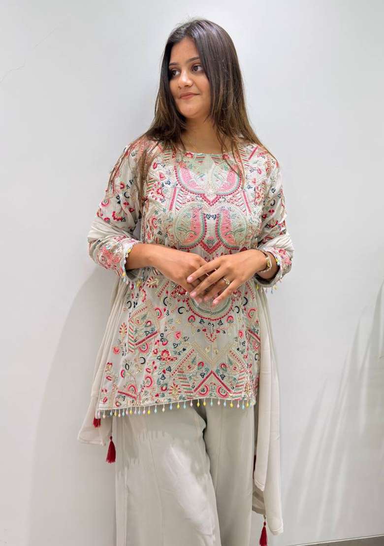 Grey Embroidery Georgette Palazzo Set - Indya