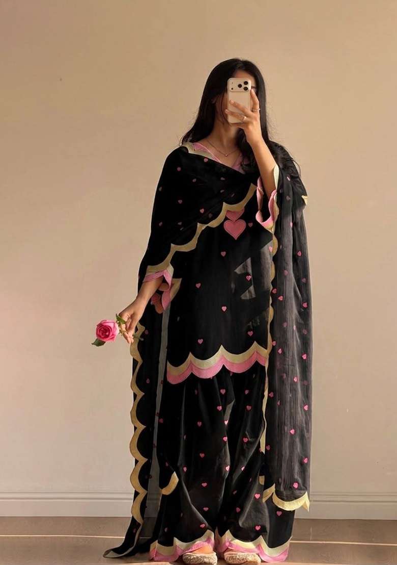 Black Embroidery Chanderi Palazzo Set - Indya