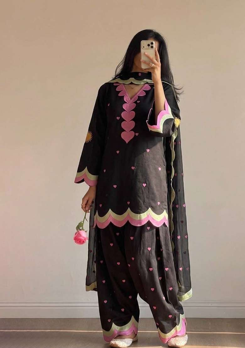 Black Embroidery Chanderi Palazzo Set - Indya