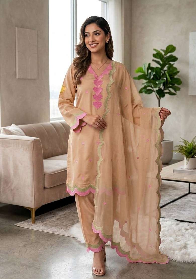 Cream Embroidery Chanderi Palazzo Set - Indya