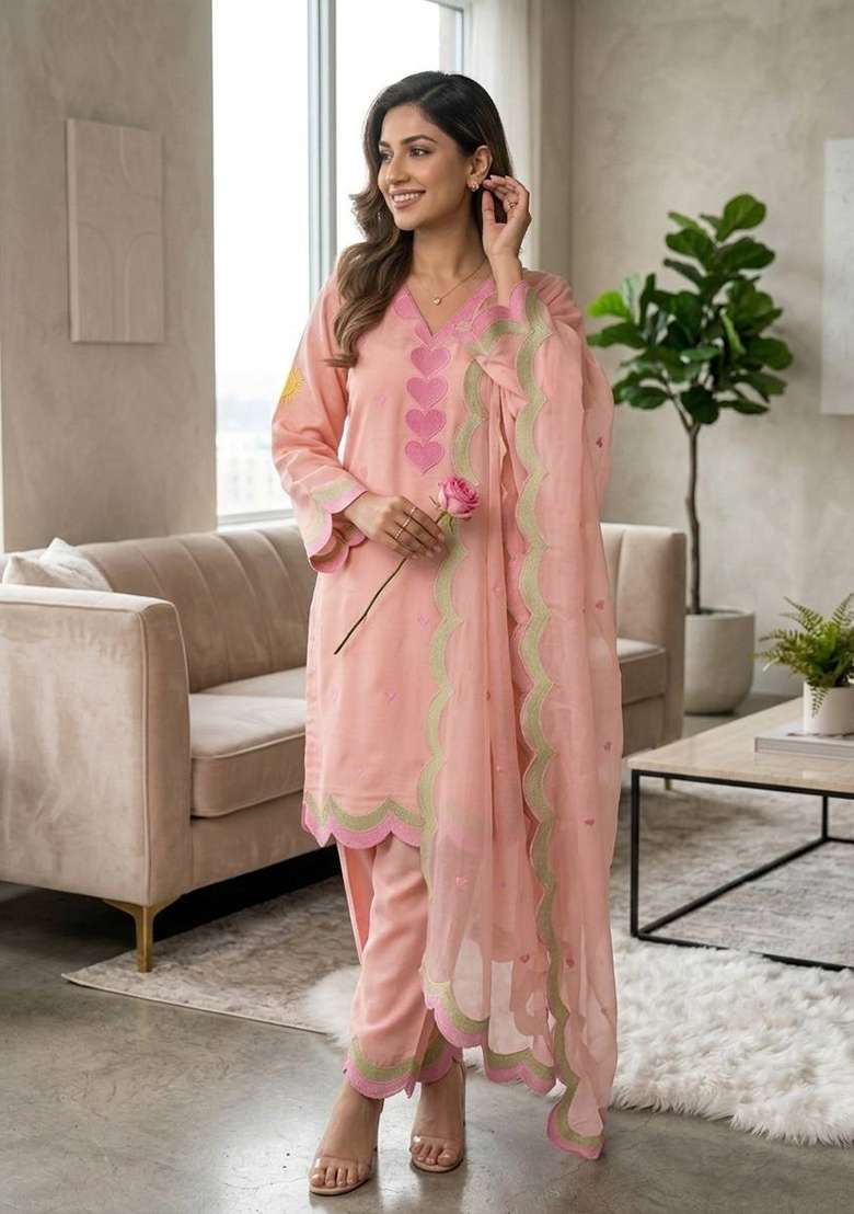 Peach Embroidery Chanderi Palazzo Set - Indya