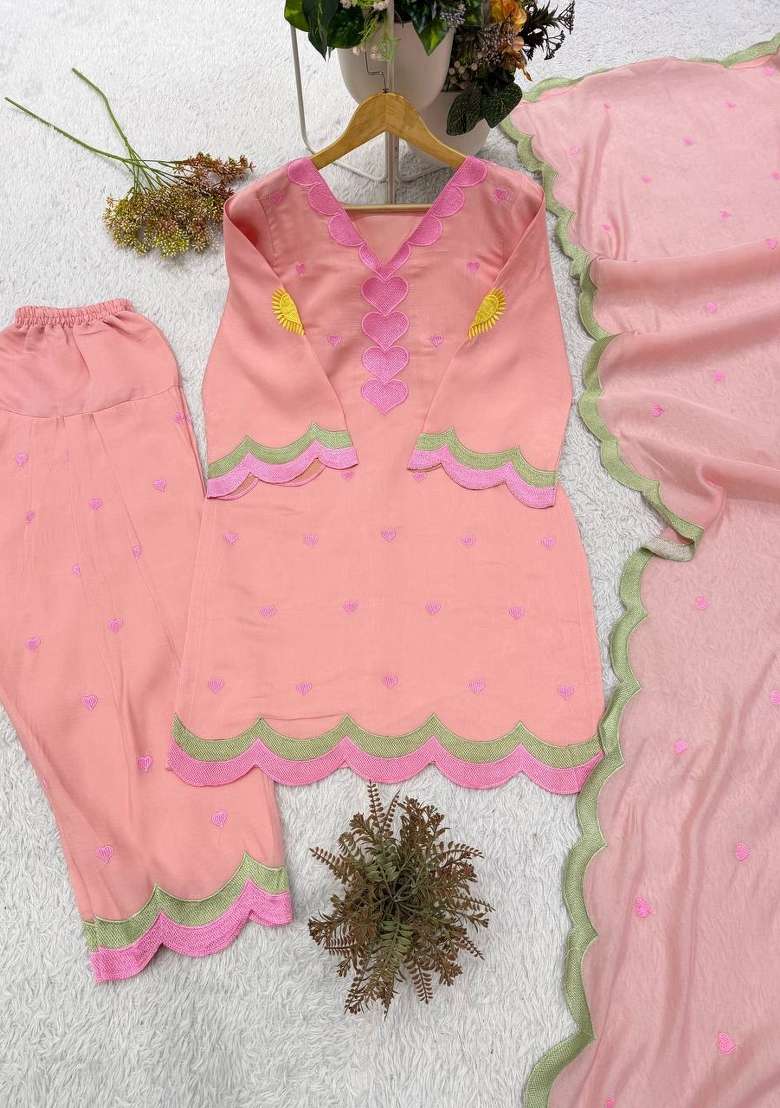 Peach Embroidery Chanderi Palazzo Set - Indya