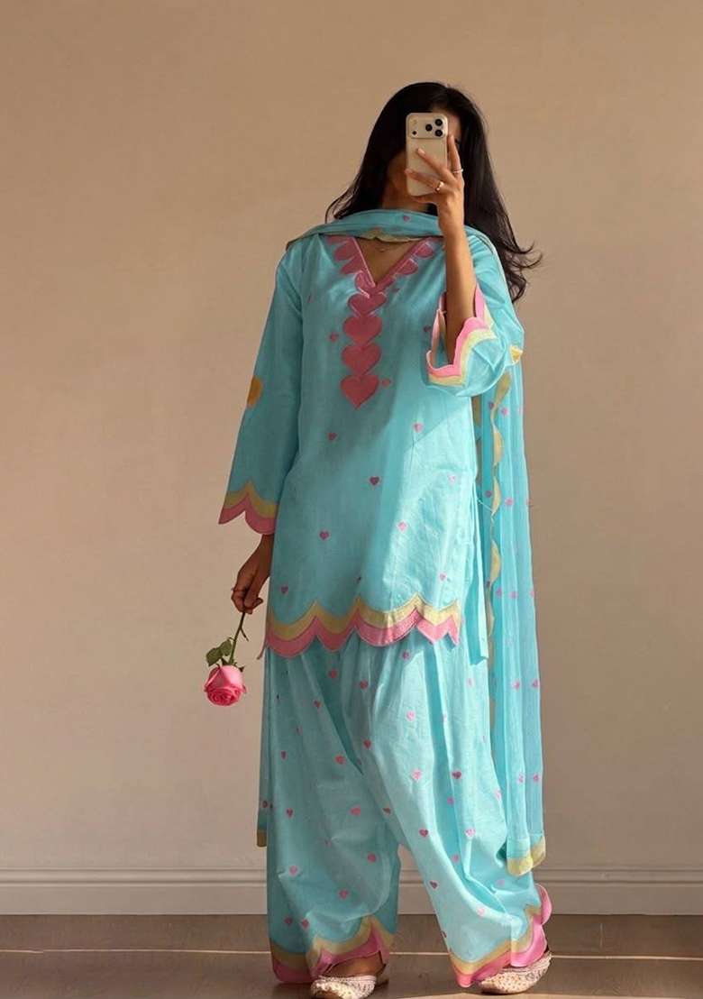 Sky Blue Embroidery Chanderi Palazzo Set - Indya