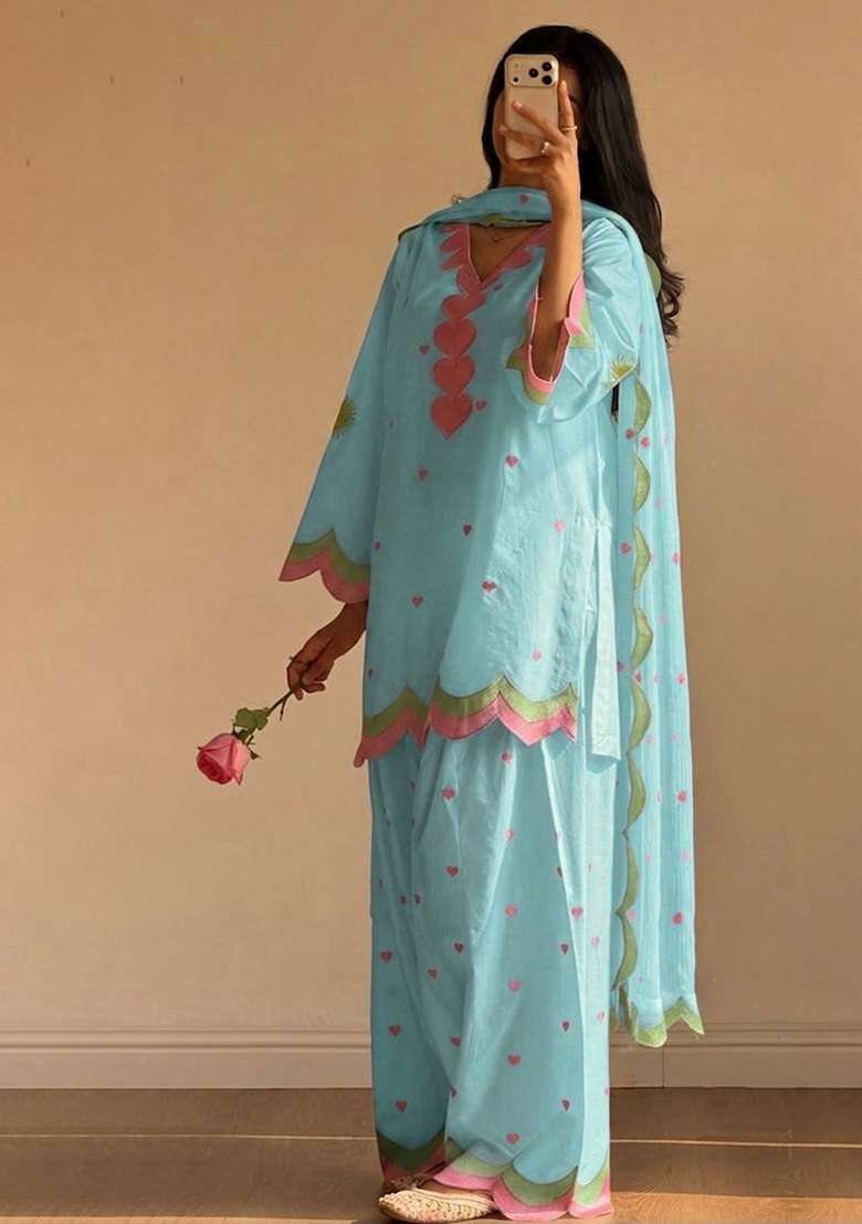Sky Blue Embroidery Chanderi Palazzo Set - Indya